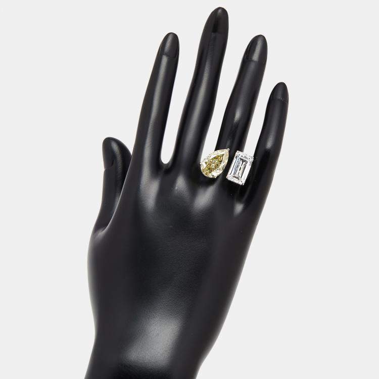 Pre Owned 12.8 cts Fancy Yellow Pear, Emerald Cut, Round Lab Grown Diamonds 18k White Gold Ring Size 52