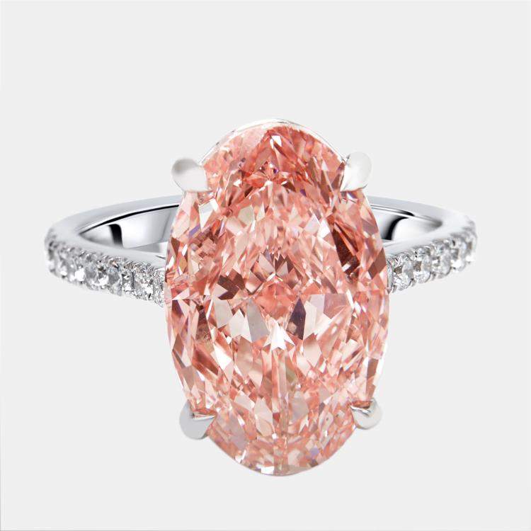 Pre Owned 8.3 cts Pink Oval, Round Lab Grown Diamonds 18k White Gold Ring Size 52