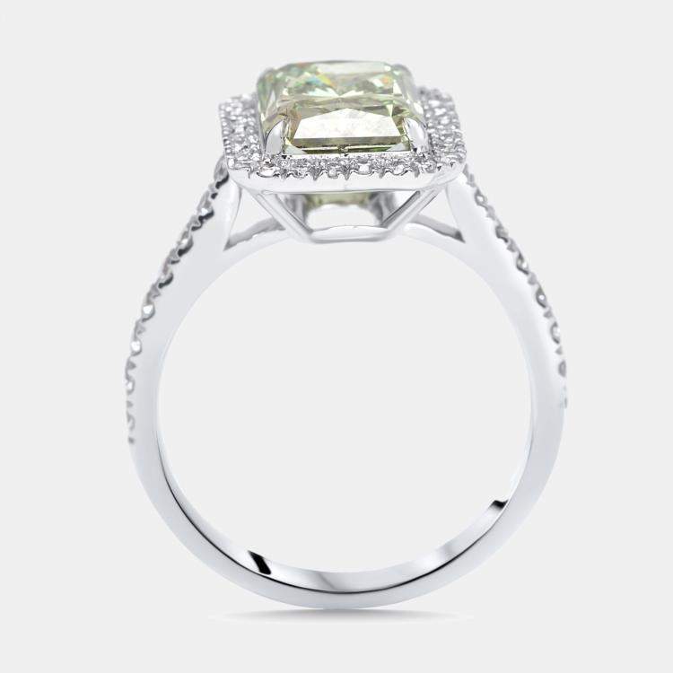 Pre Owned 3.5 cts Green Emerald Cut, Round Lab Grown Diamonds 18k White Gold Ring Size 52