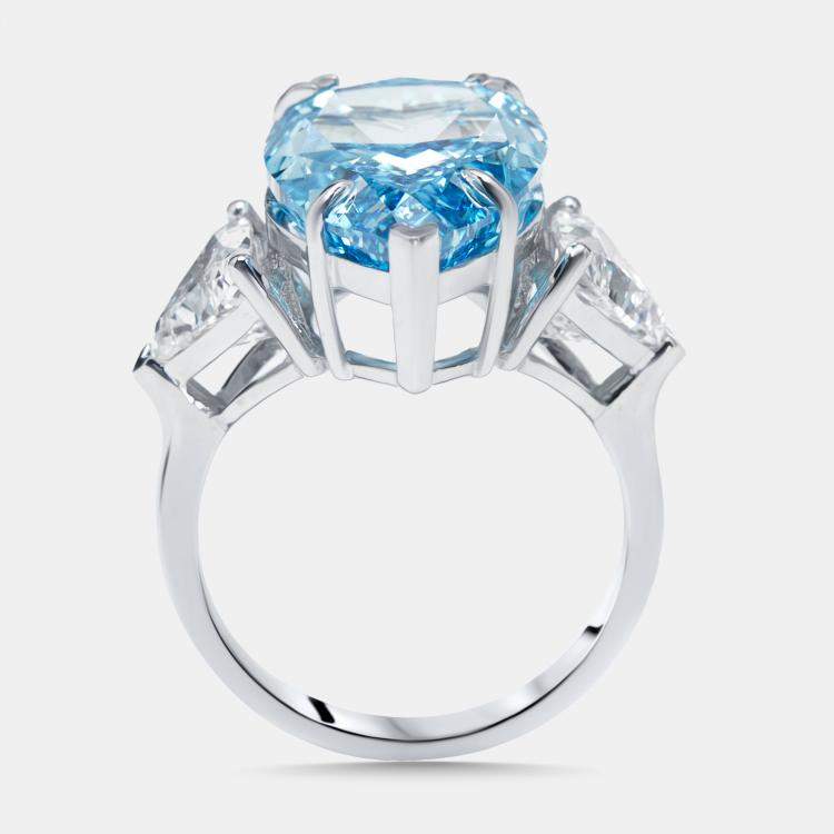 Pre Owned 13.3 cts Vivid Blue Pear, Trillion Lab Grown Diamonds 18k White Gold Ring Size 52
