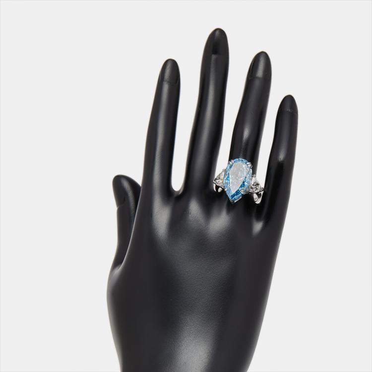 Pre Owned 13.3 cts Vivid Blue Pear, Trillion Lab Grown Diamonds 18k White Gold Ring Size 52