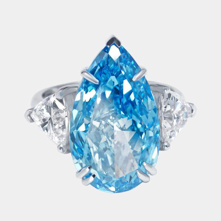 Pre Owned 13.3 cts Vivid Blue Pear, Trillion Lab Grown Diamonds 18k White Gold Ring Size 52