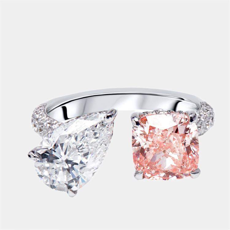 Pre Owned 4.3 cts Pink Cushion, Pear, Round Lab Grown Diamonds 18k White Gold Ring Size 52