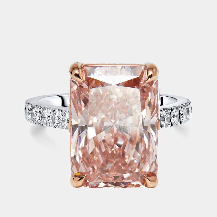 Pre Owned 3.3 cts Pink Radiant, Round Lab Grown Diamonds 18k Two Tone Gold Ring Size 52