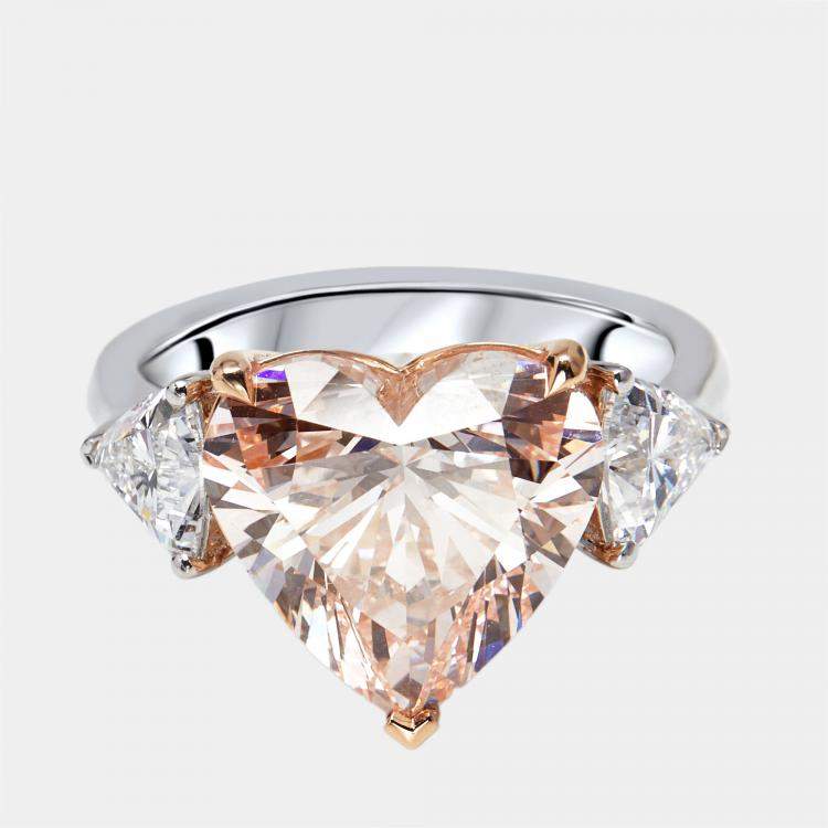 Pre Owned 6.5 cts Pink Heart, Trillion Lab Grown Diamonds 18k Two Tone Gold Ring Size 53