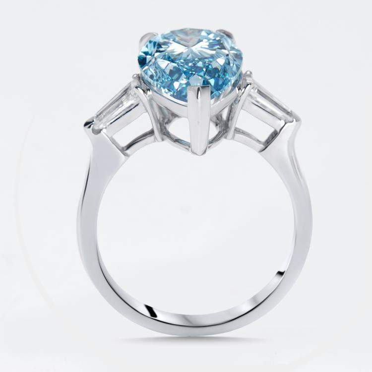 Pre Owned 5.1 cts Vivid Blue Pear, Trapazoid Lab Grown Diamonds 18k White Gold Ring Size 53