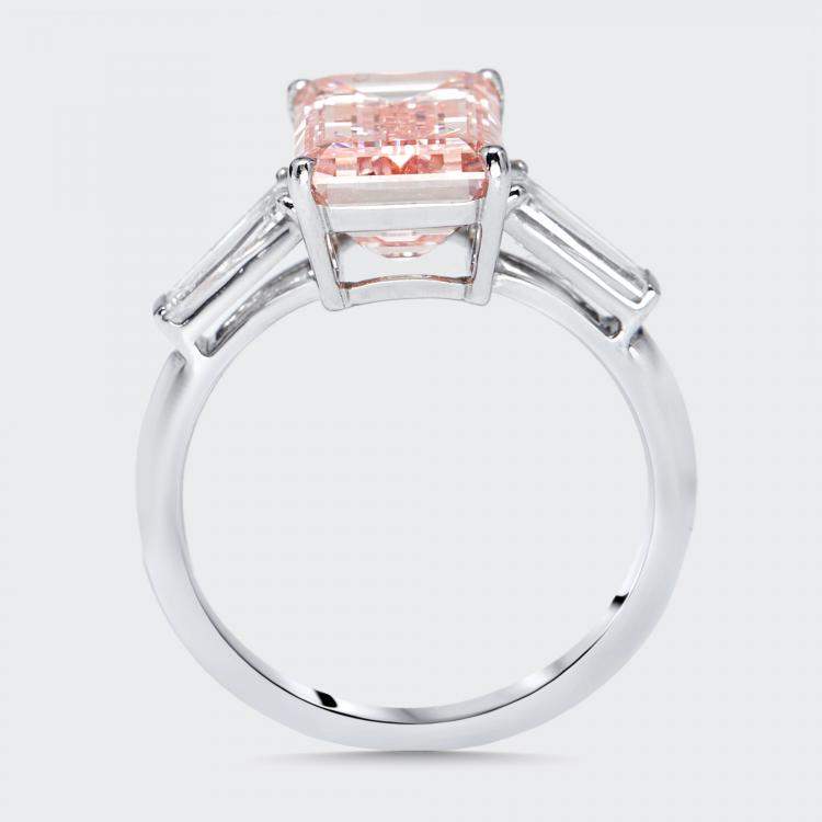 Pre Owned 5.8 cts Pink Emerald Cut, Trapezoid Lab Grown Diamonds 18k White Gold Ring Size 54