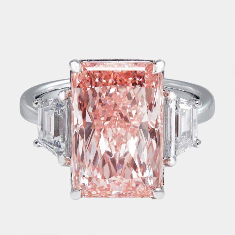 Pre Owned 5.4 cts Pink Radiant, Trapazoid Lab Grown Diamonds 18k White Gold Ring Size 54
