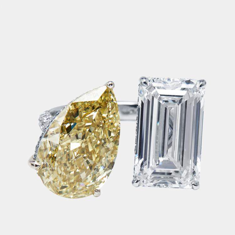 Pre Owned 12.8 cts Fancy Yellow Pear, Emerald Cut, Round Lab Grown Diamonds 18k White Gold Ring Size 55