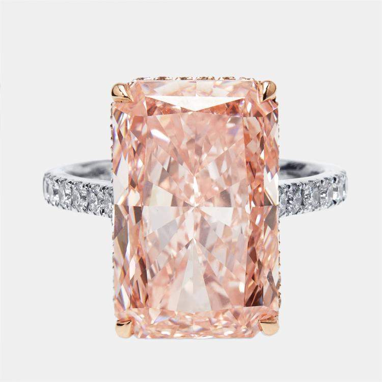 Pre Owned 10.5 cts Pink Radiant, Round Lab Grown Diamonds 18k Two Tone Gold Ring Size 55