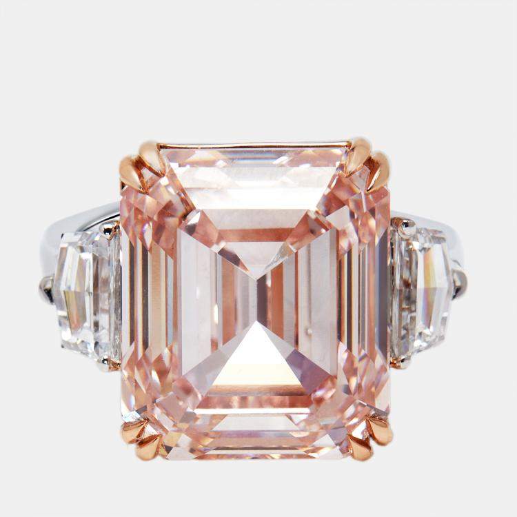 Pre Owned 15 cts Pink Emerald Cut, Halfmoon Lab Grown Diamonds 18k Two Tone Gold Ring Size 55