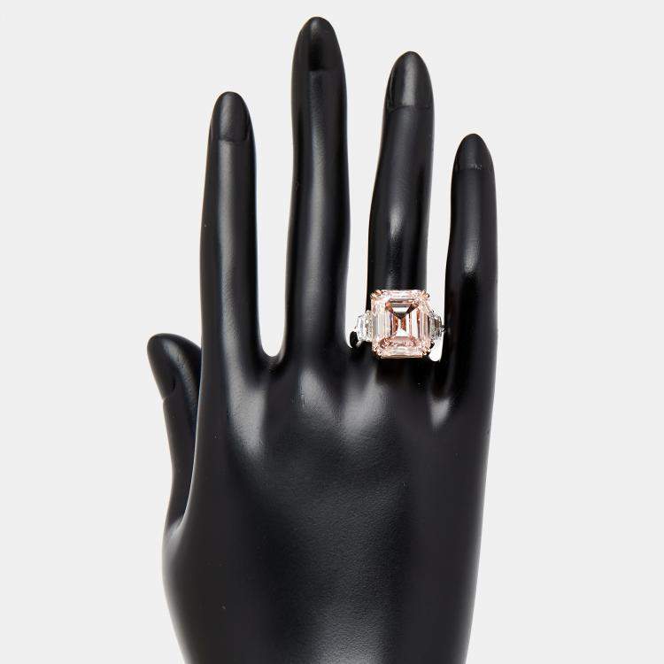 Pre Owned 15 cts Pink Emerald Cut, Halfmoon Lab Grown Diamonds 18k Two Tone Gold Ring Size 55