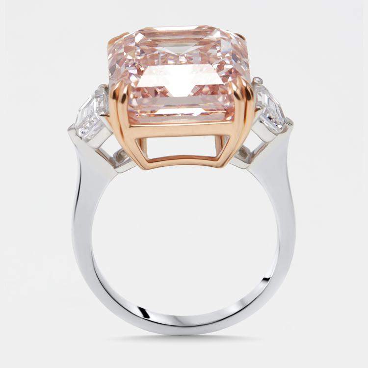 Pre Owned 15 cts Pink Emerald Cut, Halfmoon Lab Grown Diamonds 18k Two Tone Gold Ring Size 55