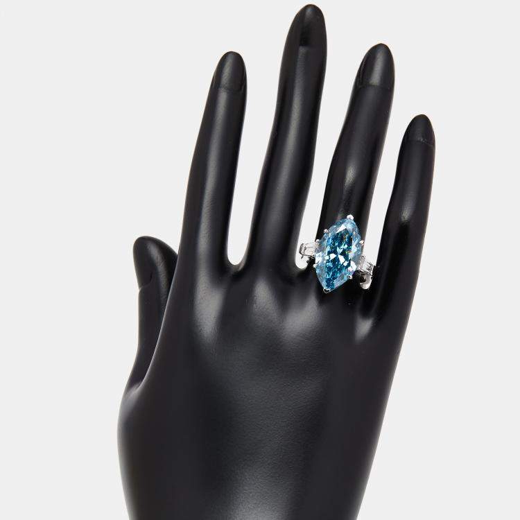 Pre Owned 11.03 cts Vivid Blue Marquise, Trapazoid Lab Grown Diamonds 18k White Gold Ring Size 55