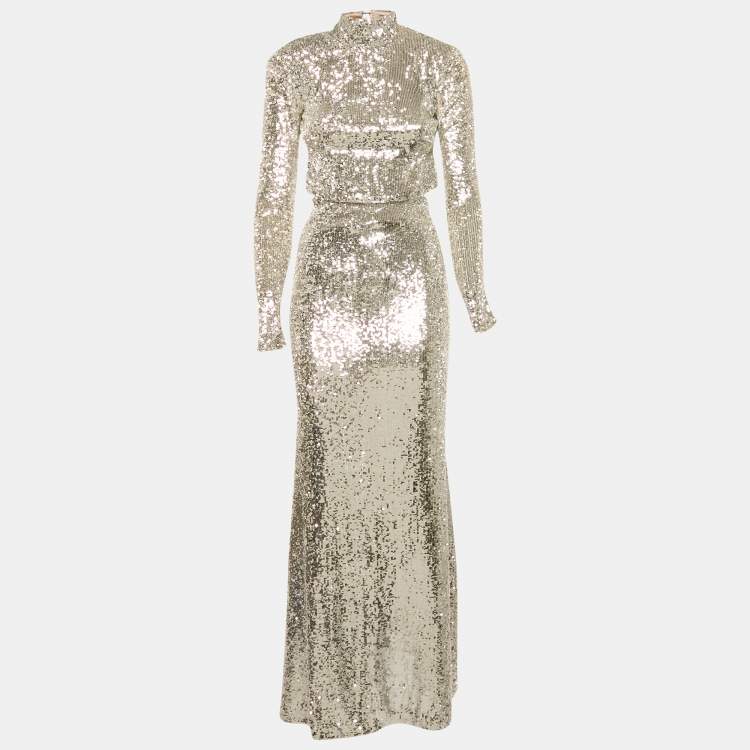 Pre Owned The New Arrivals By Ilkyaz Ozel Silver Sequin Embellished Mesh Maxi Dress M