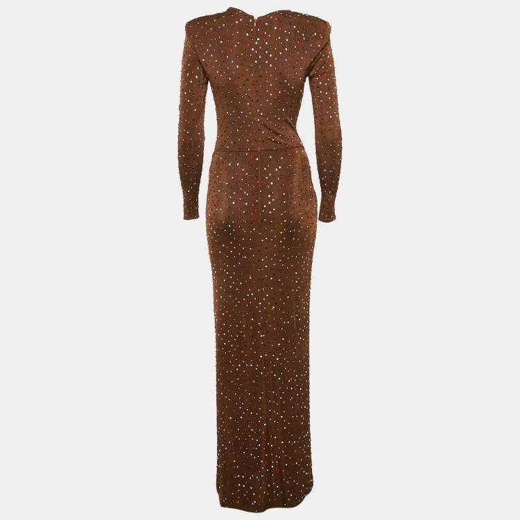 Pre Owned The New Arrivals By Ilkyaz Ozel Brown Jersey Rhinestone Detail Ruche Maxi Dress XS