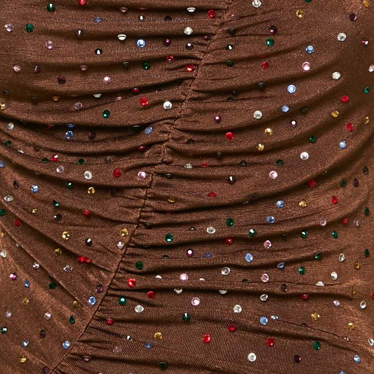 Pre Owned The New Arrivals By Ilkyaz Ozel Brown Jersey Rhinestone Detail Ruche Maxi Dress XS