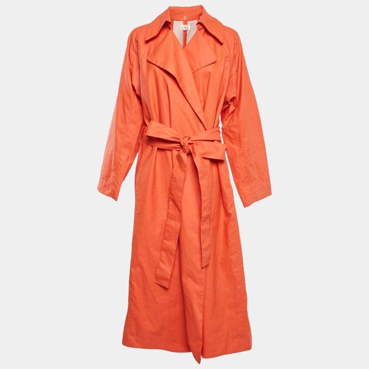 Pre Owned THE ROW Orange Coated Linen Blend Detachable Hood Belted Badva Trench Coat S