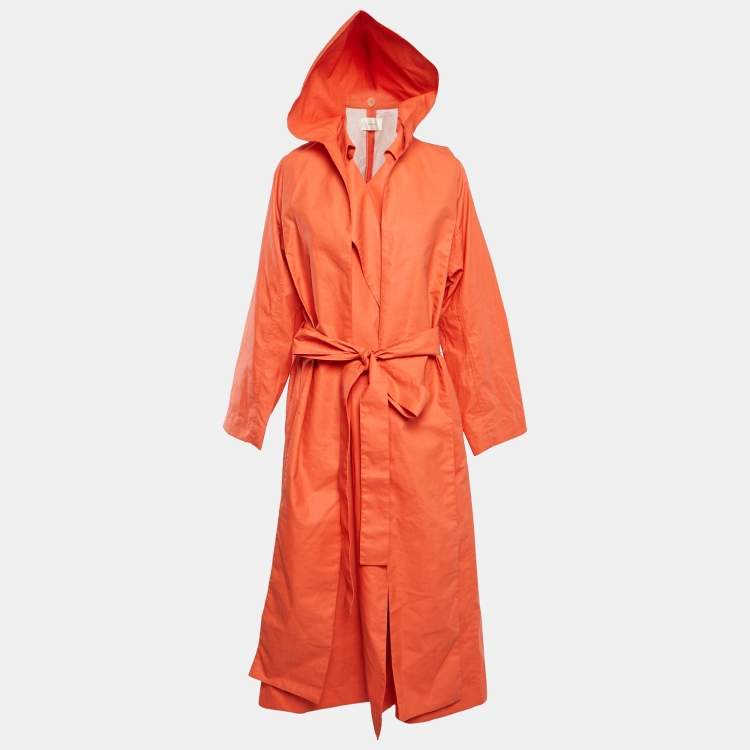 Pre Owned THE ROW Orange Coated Linen Blend Detachable Hood Belted Badva Trench Coat S
