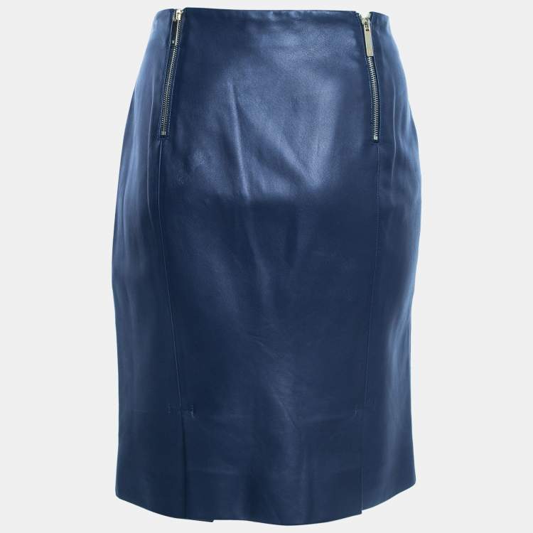 Pre Owned The Row Navy Blue Leather Zip Detail Short Skirt M