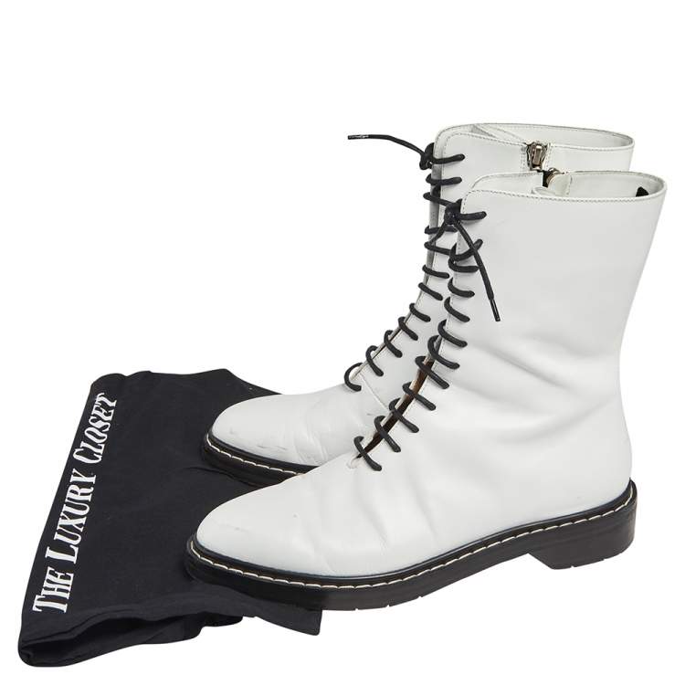 Pre Owned The Row White Leather Fara Lace Up Combat Boots Size 37