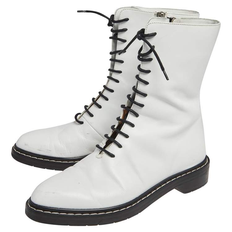 Pre Owned The Row White Leather Fara Lace Up Combat Boots Size 37
