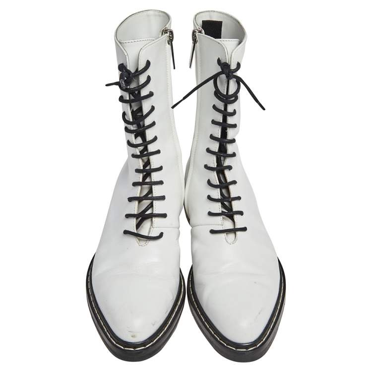 Pre Owned The Row White Leather Fara Lace Up Combat Boots Size 37