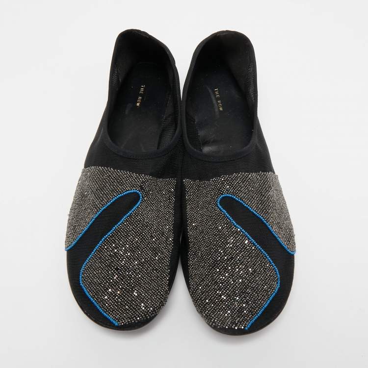 Pre Owned The Row Black Mesh Embellished Beads Ballet Flats Size 39