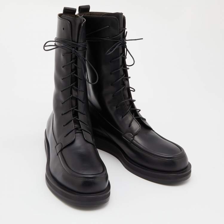 Pre Owned The Row Black Leather Fara Combat Boots Size 38.5