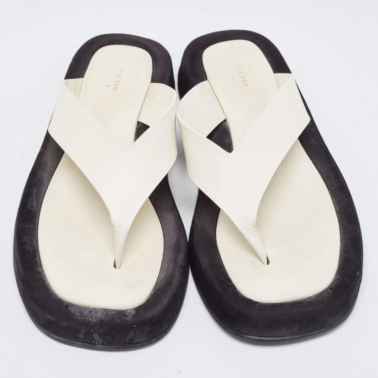 Pre Owned The Row White /Black Leather and Suede Ginza Thong  Flats Size 39