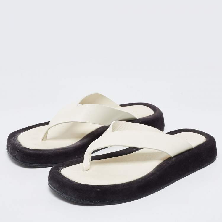 Pre Owned The Row White /Black Leather and Suede Ginza Thong  Flats Size 39