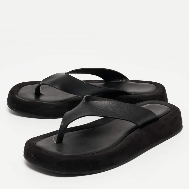 Pre Owned The Row Black Leather Thong Flat Slides Size 37