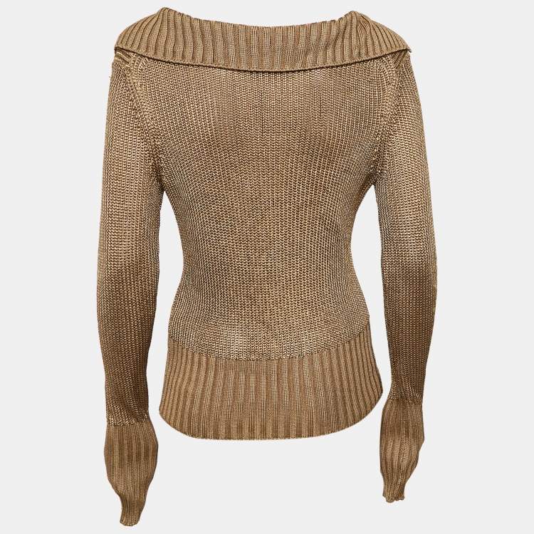 Pre Owned Theory Brown Roving Viscose Rib Knit Back Collar V Neck Pullover S