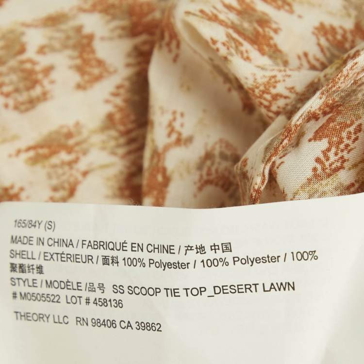 Pre Owned Theory Brown Desert Lawn Print Crepe SS Scoop Tie Top S