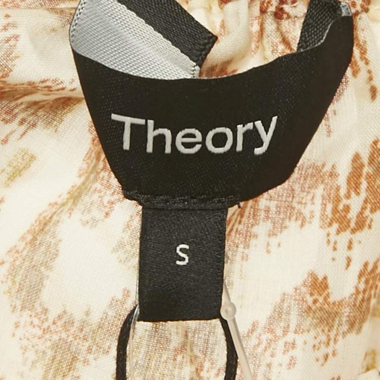 Pre Owned Theory Brown Desert Lawn Print Crepe SS Scoop Tie Top S