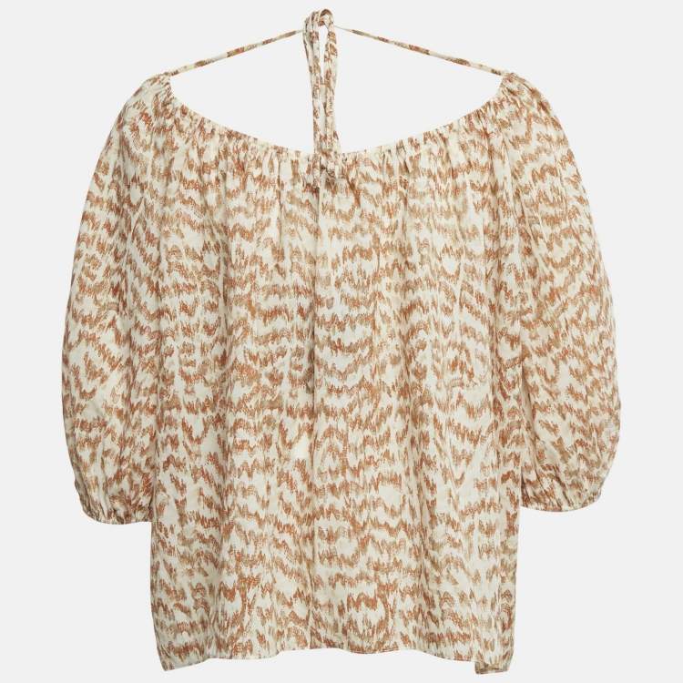 Pre Owned Theory Brown Desert Lawn Print Crepe SS Scoop Tie Top S