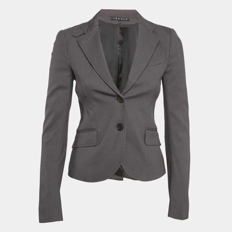 Pre Owned Theory Grey Stripe Patterned Cotton Blend Blazer XS 