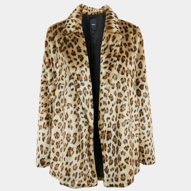 مملوكة مسبقًا Theory Brown Leopard Print Faux Fur Front Open Jacket L
