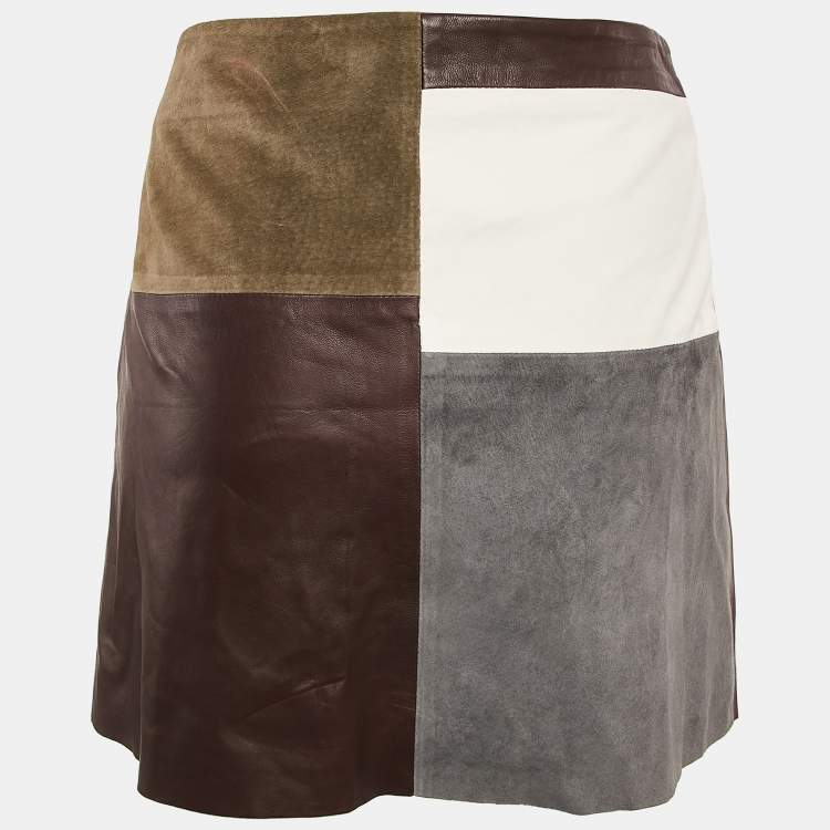 Pre Owned Theory Multicolor Leather and Suede Patch Detail Mini Skirt S