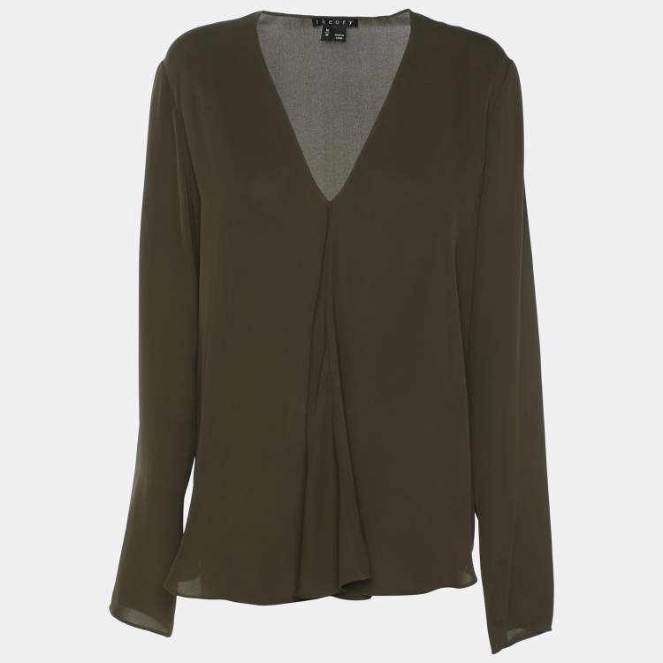 Pre Owned Theory Olive Green Silk Top M