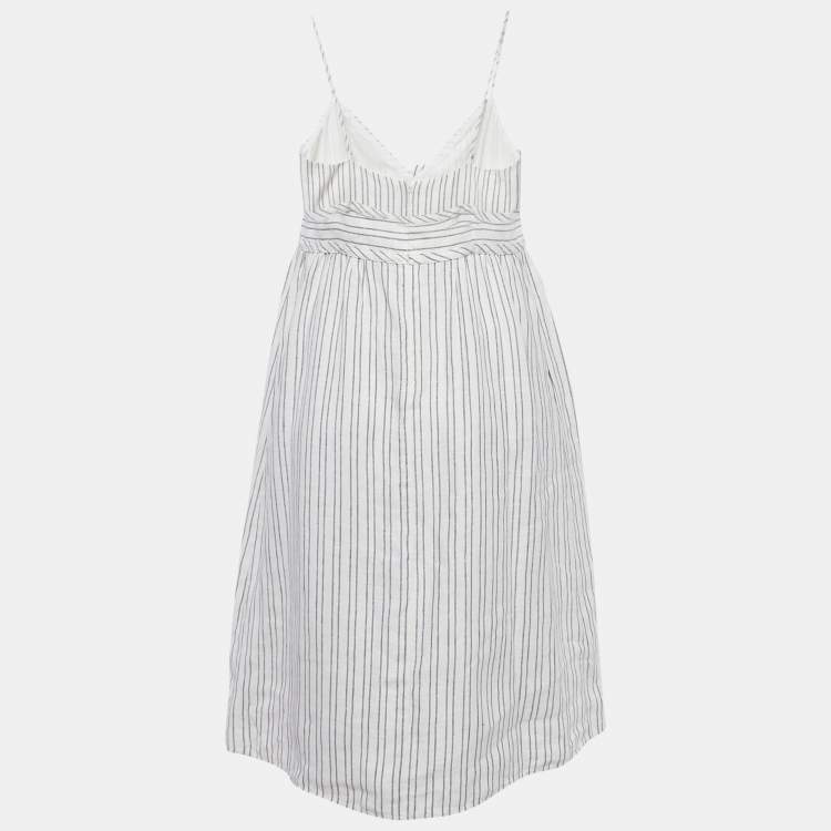 Pre Owned Theory White Striped Linen Midi Dress M