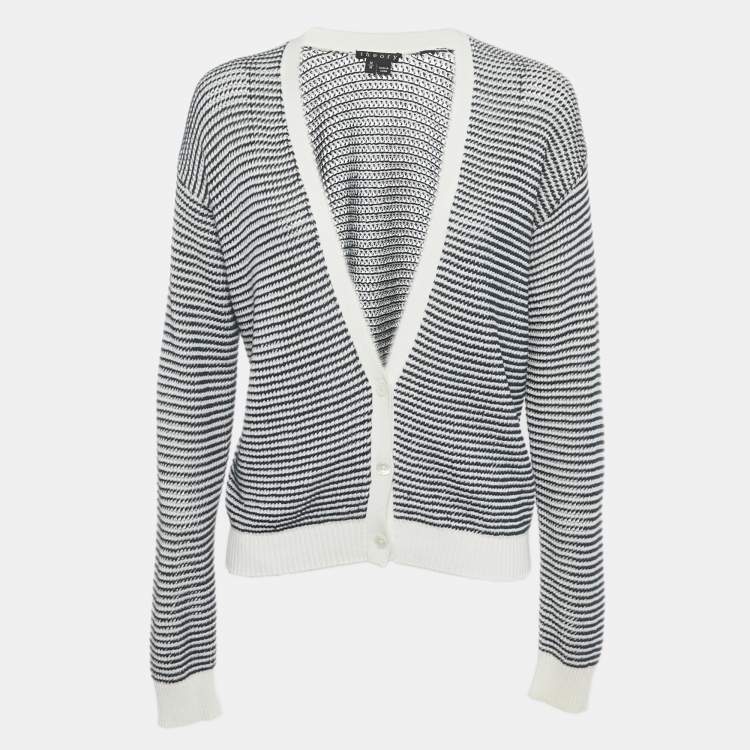 Pre Owned Theory Navy Blue/White Striped Knit Cardigan M