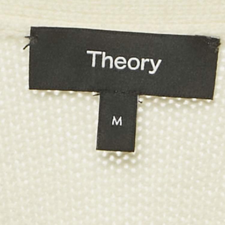 Pre Owned Theory Ivory Wool Knit Leather Patch Cardigan M