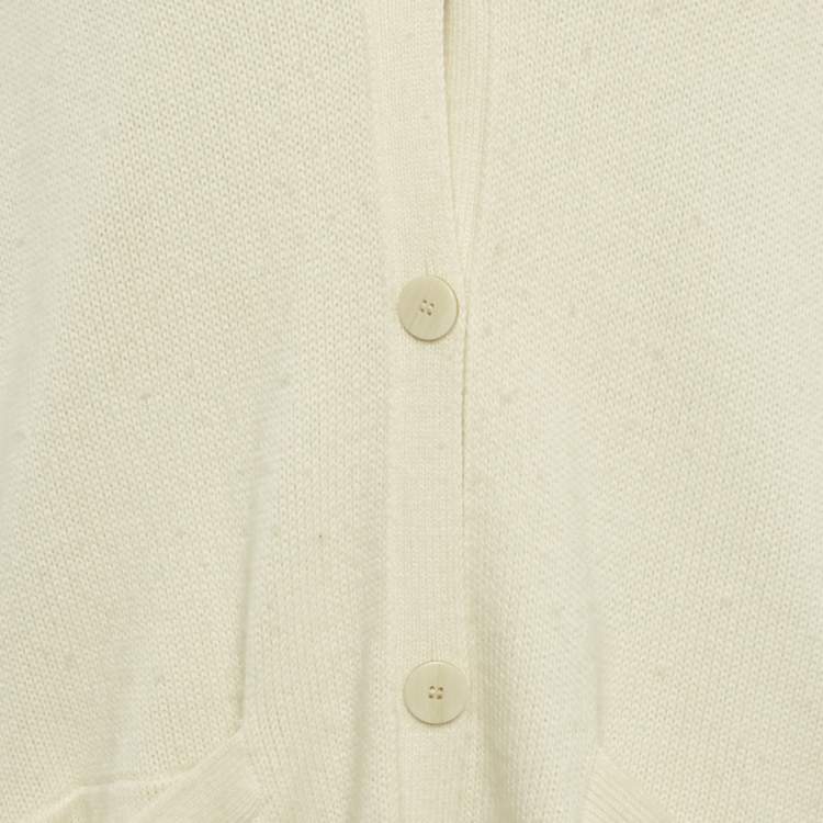 Pre Owned Theory Ivory Wool Knit Leather Patch Cardigan M