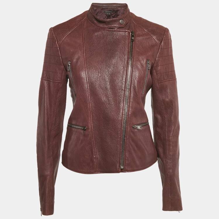 Pre Owned Theory Burgundy Leather Rider Jacket M