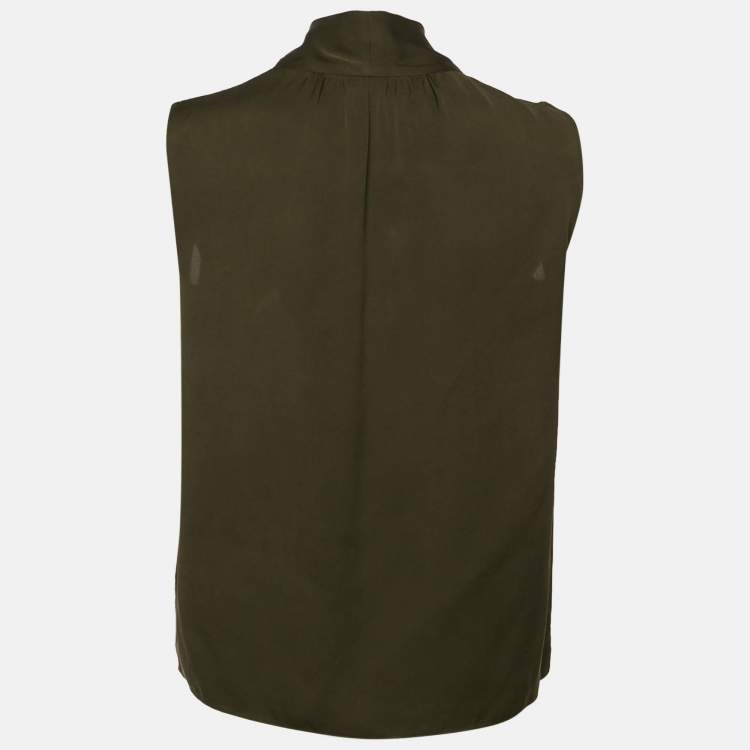 Pre Owned Theory Olive Green Silk Tie Neck Sleeveless Top S