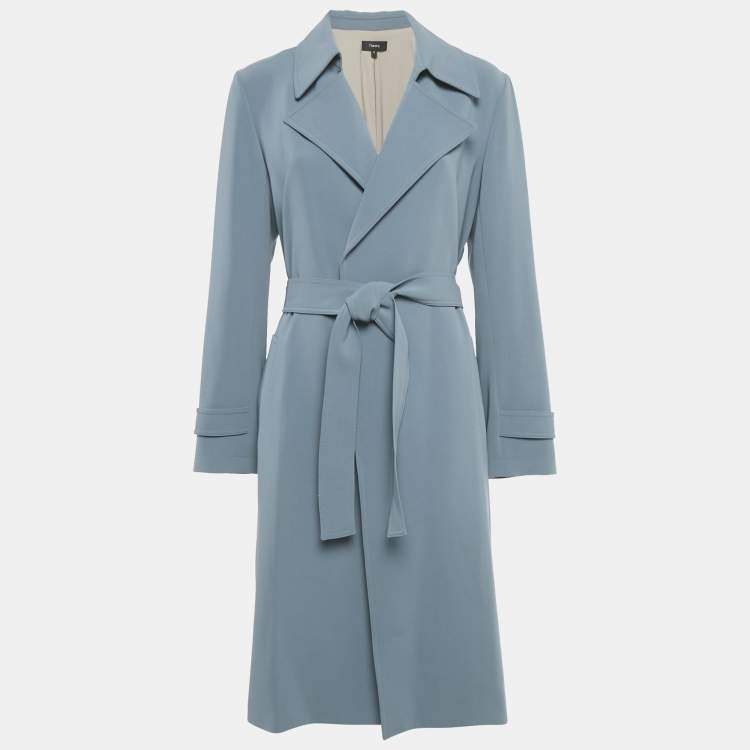 Pre Owned Theory Blue Crepe Open Front Belted Coat M