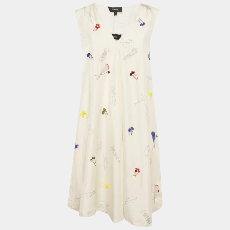 مملوكة مسبقًا Theory Cream Abstract Print Embroidered A-Line Dress S