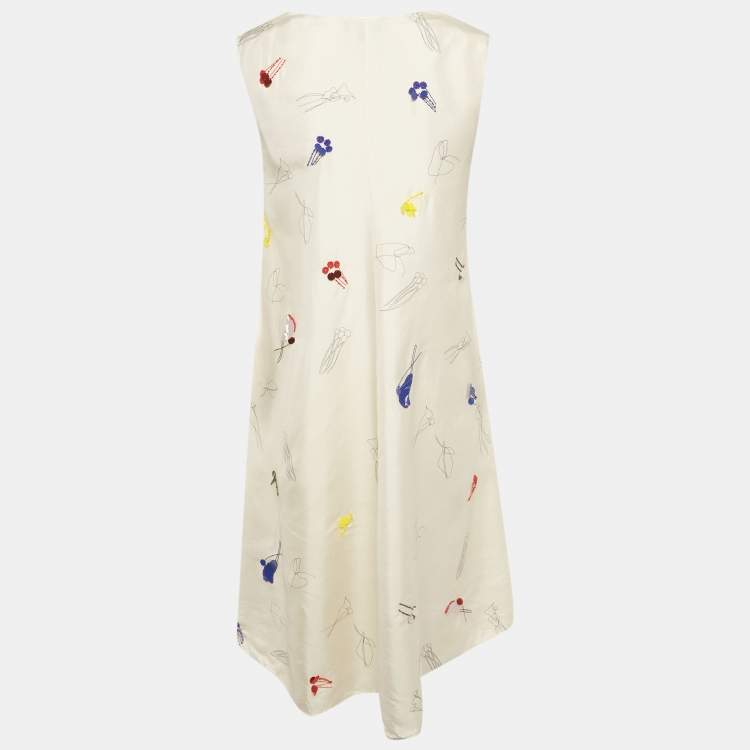 مملوكة مسبقًا Theory Cream Abstract Print Embroidered A-Line Dress S