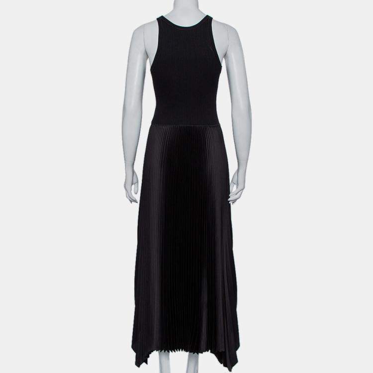 Pre Owned Theory Black Rib Knit & Plisse Sleeveless Asymmetric Hem Vinessi Maxi Dress S